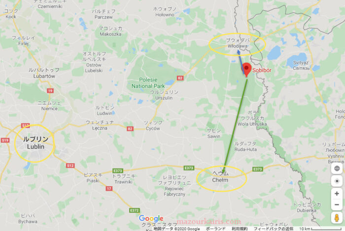 ルブリンからソビブルソビボル強制収容所行き方地図