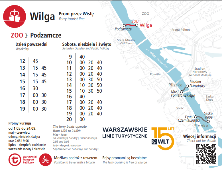 夏のワルシャワ観光スポットヴィスワ川ボートWILGA時刻表